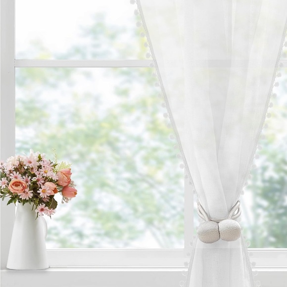 HYDE LANE Set of 2! Pom Pom White Sheer Curtains for Living Room 84 Inches Long - Picture 5 of 6